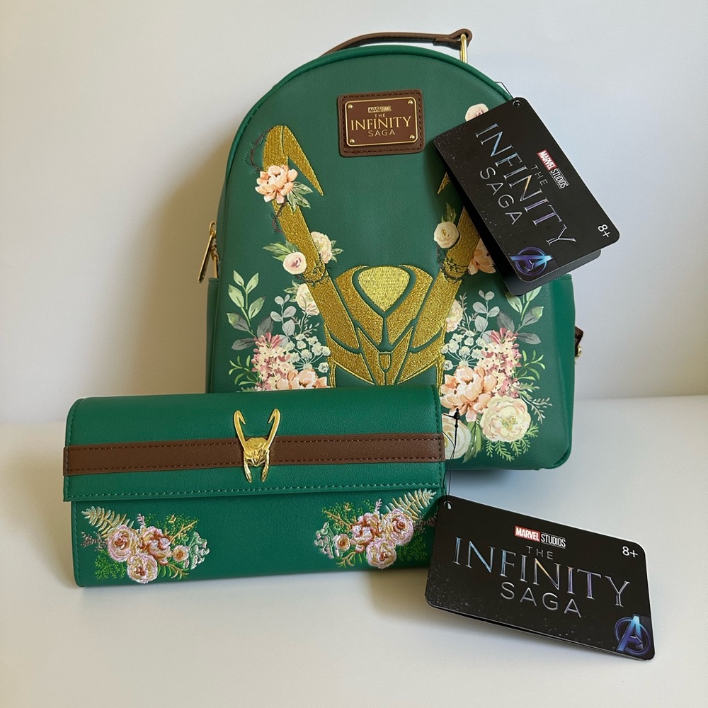 NWT Loungefly Marvel Loki Floral Mini Backpack & Wallet Set New